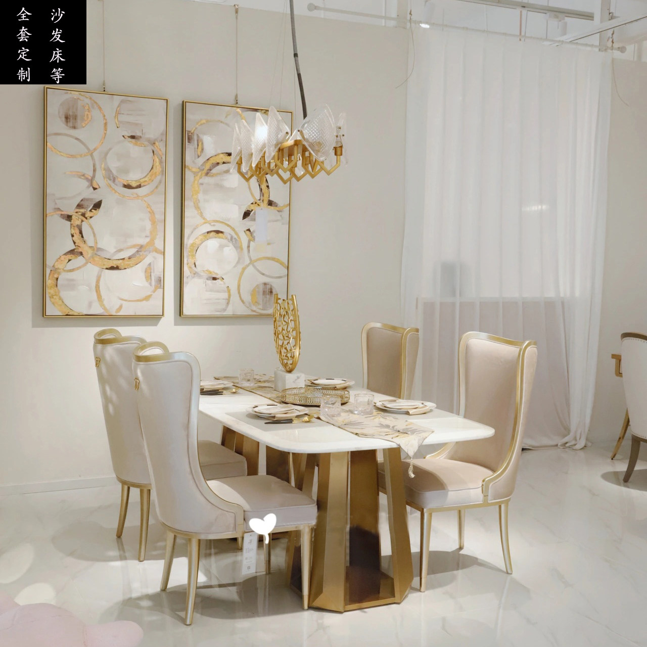 美式轻奢餐桌椅组合法式金属美克长餐桌大理石桌面样板房一桌6椅