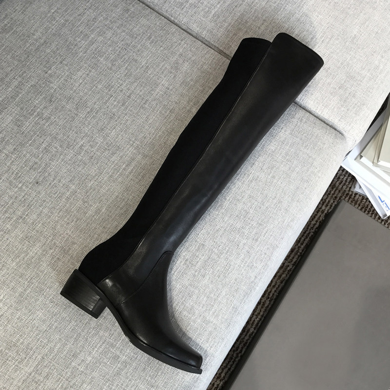 春秋单款显瘦sw5050过膝长靴女真皮粗跟小辣椒瘦腿弹力平底高筒靴