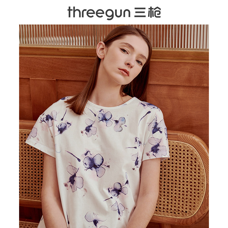 三枪t恤女新疆纯棉透气大码装圆领碎花基础款中老年运动女短袖