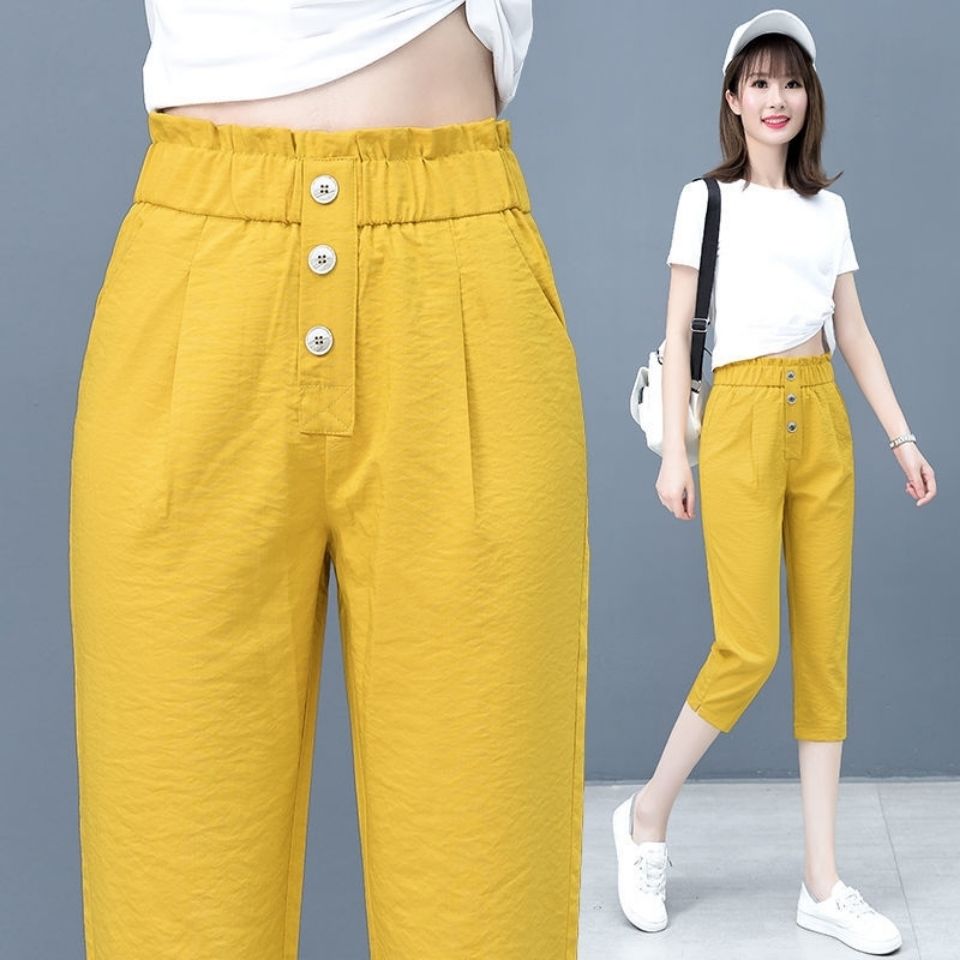 竹节麻七分裤女夏季薄款松紧腰裤子女裤休闲中裤女士冰丝哈伦裤女