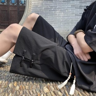 新中式亚麻冰丝短裤男款夏季国风潮牌设计感开叉大码宽松四五分裤