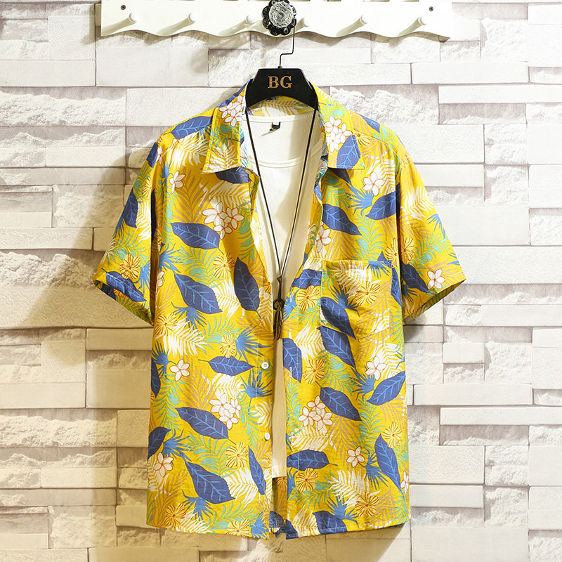 白砖 沙滩衬衫短袖花衬衫男复古碎花潮宽松日系胖子c200p40