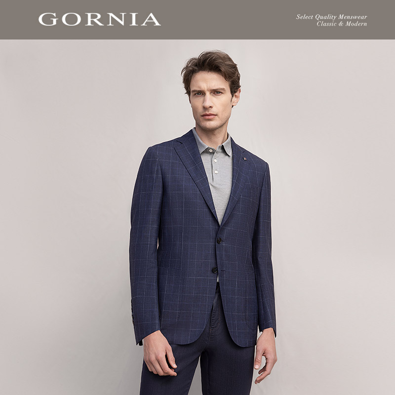 GORNIA/格罗尼雅男士羊毛单西服格纹面料轻薄舒适透气西装上衣