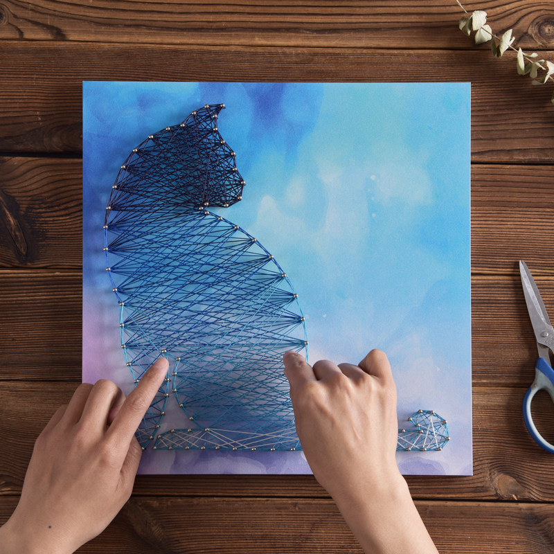 手工课作业diy创意钉子绕线画猫装饰画立体制作材料包弦丝画定制