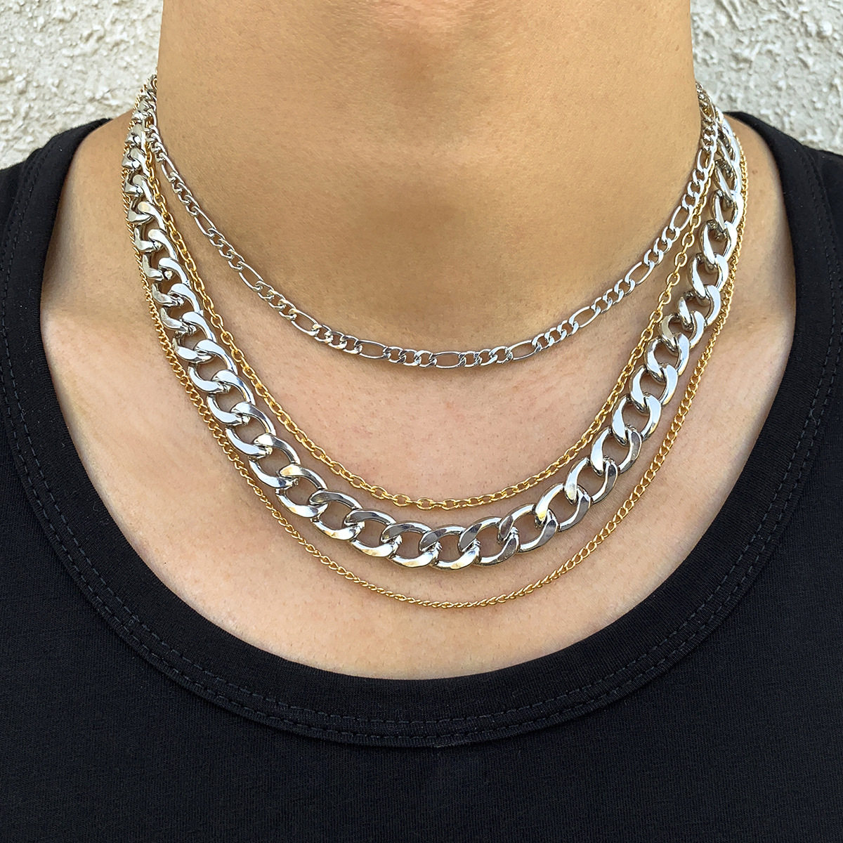 欧美热卖饰品朋克复古多层古巴链混色拼接项链气质小众男士锁骨链