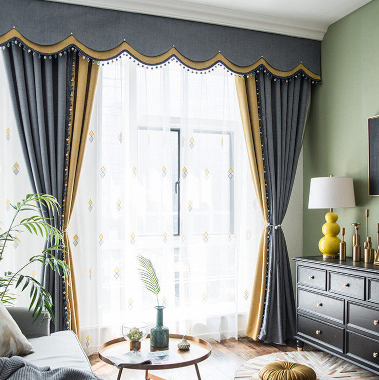 新款窗帘亚麻棉麻纯色拼接北欧美式简约遮光素色加厚窗幔定制上门