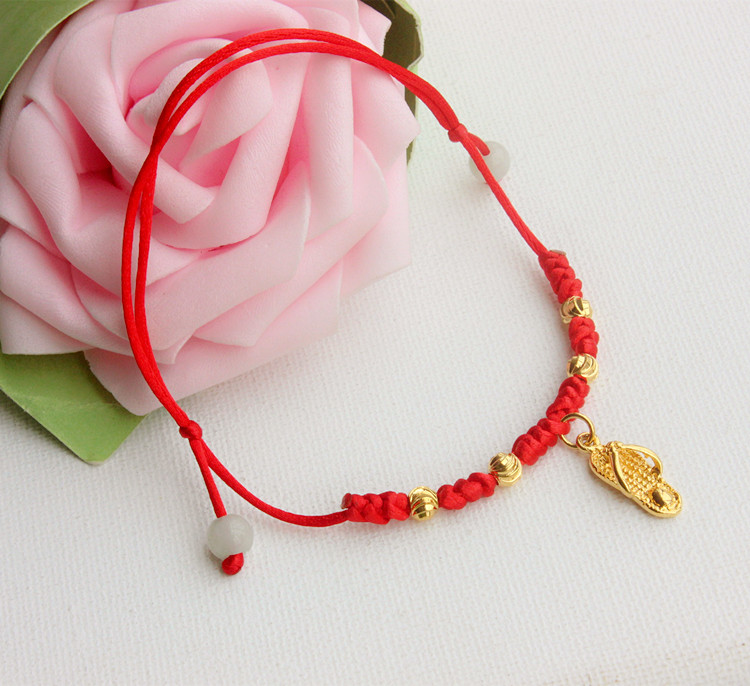 原创手工编织金鱼红绳脚链转运珠招财避邪貔貅可爱人字拖鞋镀黄金