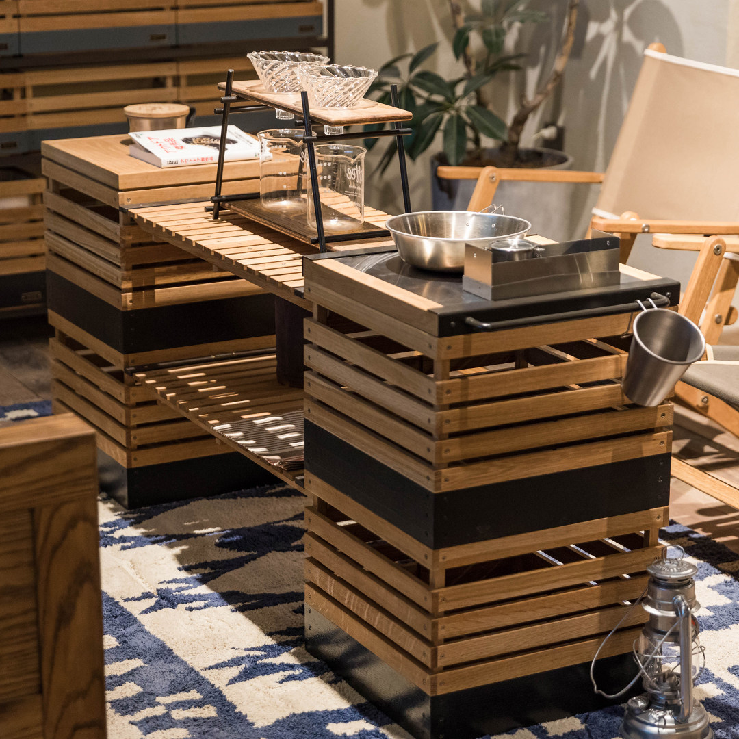 日本原装inout户外露营家具桌子实木头收纳盒黑色置物架茶几日式