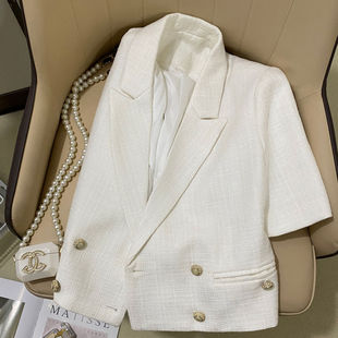 米白色短款西装外套女2024夏季新款设计感英伦短袖薄款小香风西服