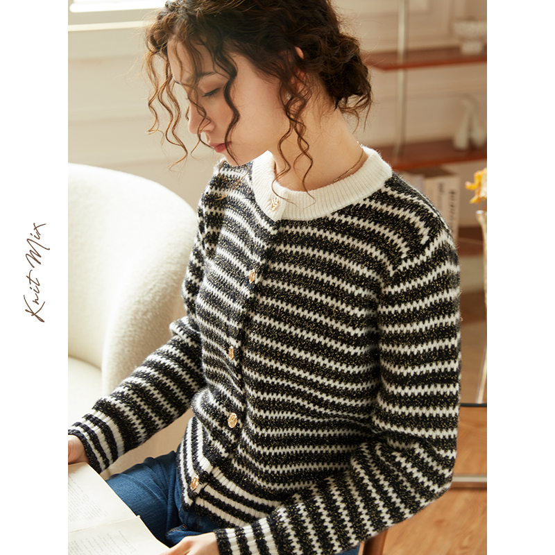 Knit Mix法式慵懒宽松条纹圆领毛衣外套女2023年秋冬新款针织开衫