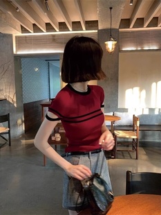 红色冰丝针织短袖女t恤夏2024新款气质小香风修身显瘦薄款上衣ins