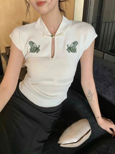 新中式国风蝴蝶刺绣盘扣短袖T恤女独特别致小衫气质白色上衣夏装