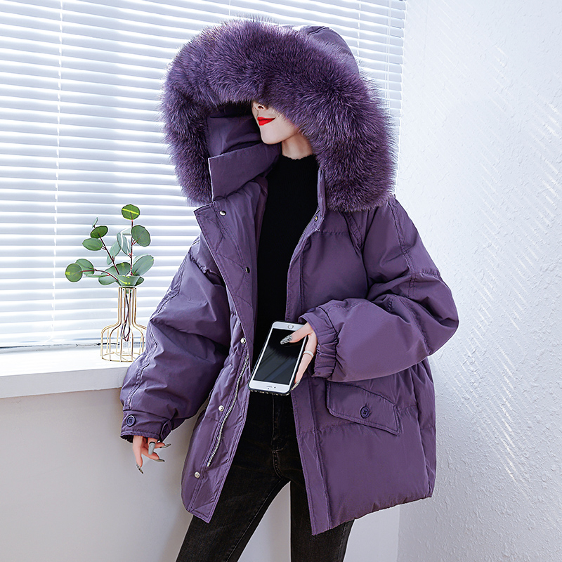 2020年冬新款大毛领加绒加厚连帽中长款羽绒服女宽松外套韩版爆款