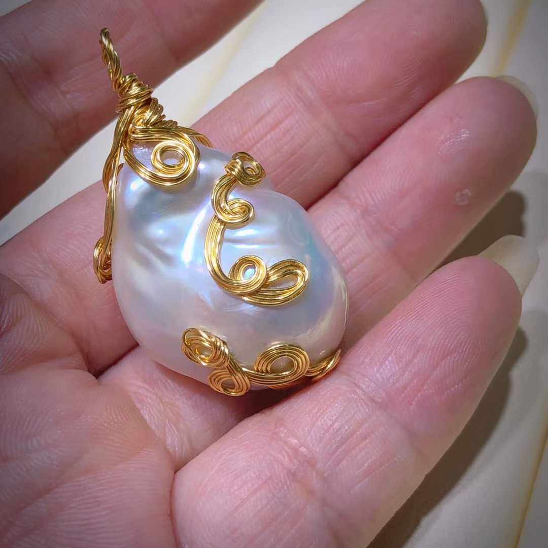 炫彩白色异形大巴洛克天然珍珠无瑕手作14k绕线丝吊坠项链毛衣链