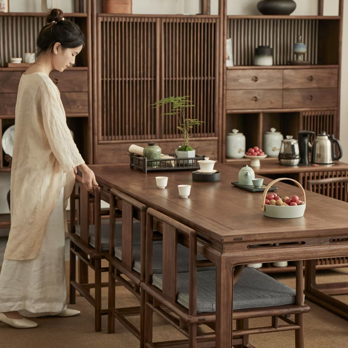 新中式实木茶桌全套茶台禅意家用茶室家具茶桌榆木黑胡桃桌椅组合