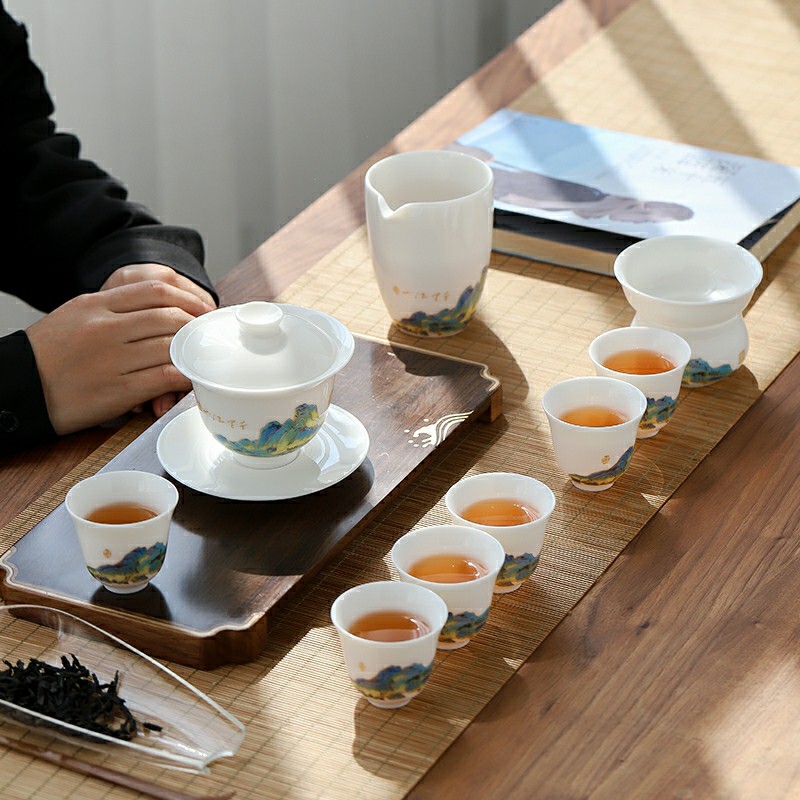 德化羊脂玉白瓷茶具套装功夫茶具整套家用简约陶瓷三才盖碗礼盒