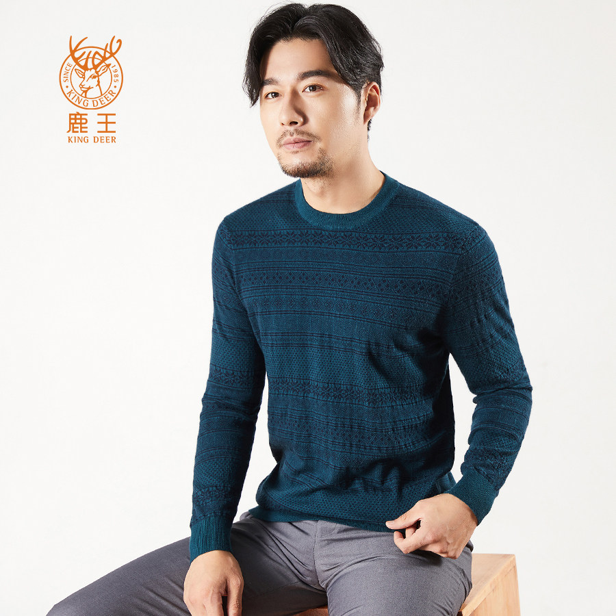 鹿王羊绒衫男商场同款100%山羊绒圆领精纺时尚休闲套衫针织毛衣