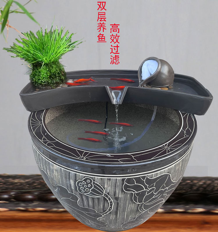 陶瓷圆形鱼缸过滤器循环系统流水器搭配茶台养鱼盆庭院鱼池造景配