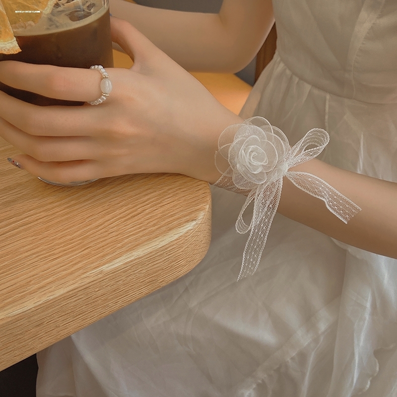 姐妹团森系结婚发带丝带仙女绑发白色蕾丝小花飘带手花环法式