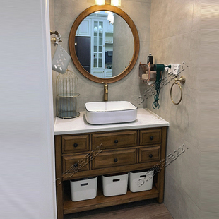 高端复古美式橡木浴室柜组合实木落地式洗漱台洗脸盆卫浴柜定制