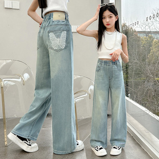 浅色轻薄牛仔裤女童2024夏季设计感蕾丝蝴蝶高腰宽松垂感直筒裤子