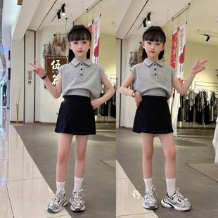 2024年夏季新款潮流韩版休闲polo衫短袖套装女童简约设计感两件套