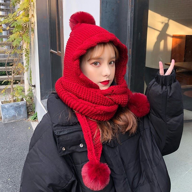 大红色毛线帽子女2021年新款秋冬季网红毛球带帽围巾一体成人过年