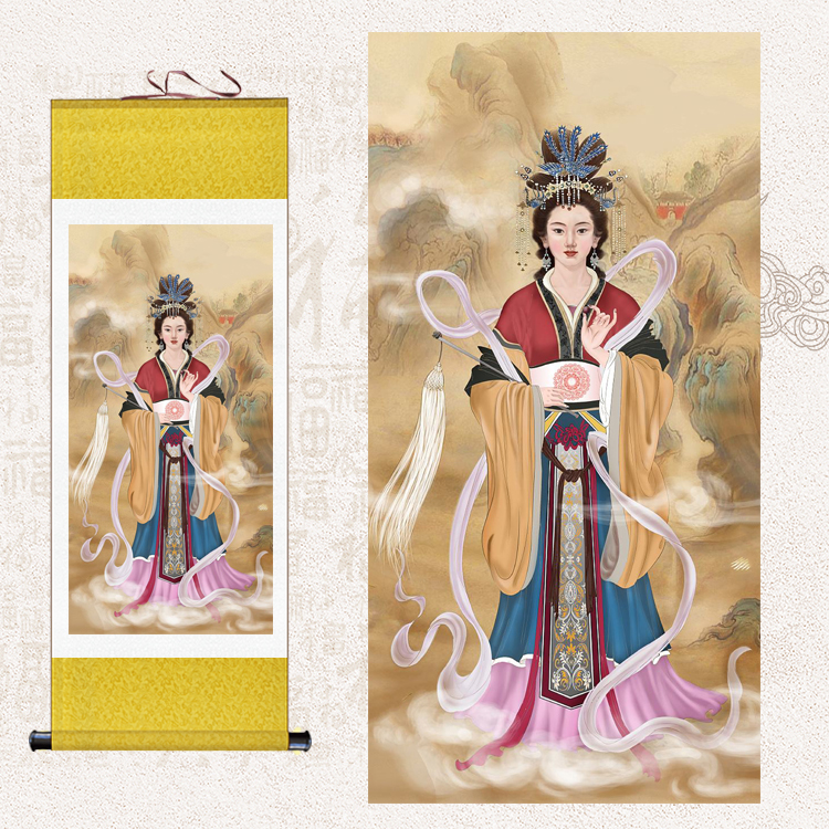 泰山圣母碧霞元君画像泰山娘娘老母供奉挂画道教女神丝绸卷上新