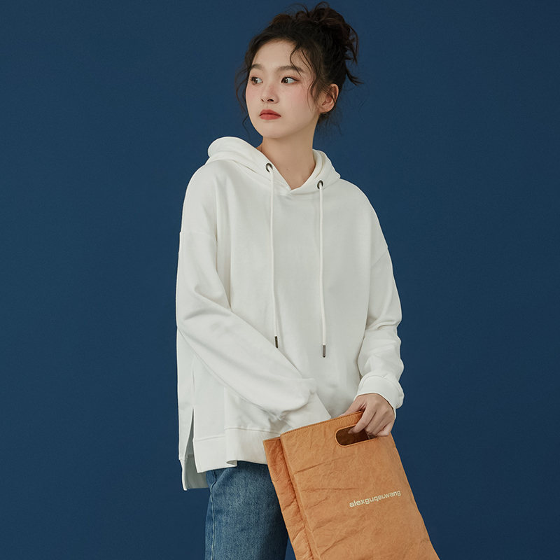 白色薄款连帽卫衣女加绒2023前短后长下摆宽松开叉小个子纯色带帽