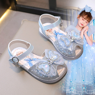 女童鞋夏季新款艾莎公主凉鞋中小童韩版洋气水晶鞋软底透气沙滩鞋