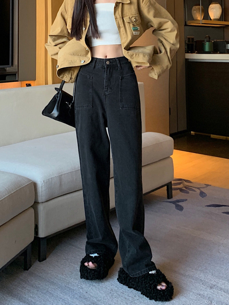 黑色牛仔裤女直筒宽松大码胖mm穿搭遮腿粗胯宽chic高腰显瘦阔腿裤
