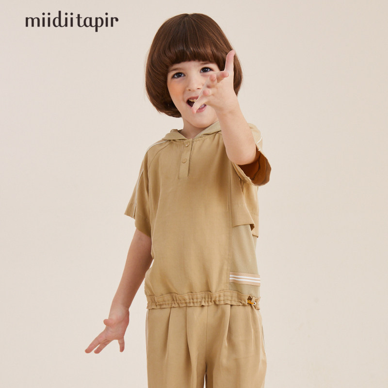 谜底童装2021夏季新品h型中款连帽衬衣天丝面料运动衬衣212kc1399