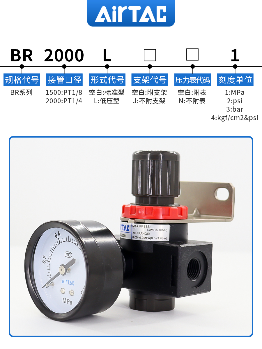 亚德客调压阀BR2000气动减压阀BR3000空压机气泵空气调节阀BR4000