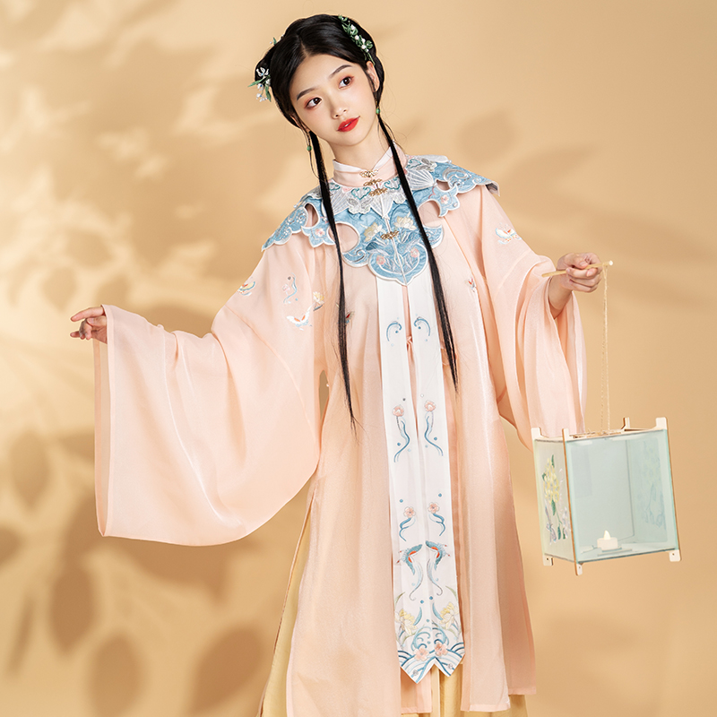 池夏缘起玉姬明制云肩立领对襟大袖长衫褶裙原创改良汉服女荷花
