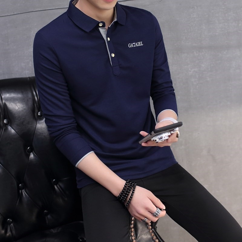 2018韩版秋季男士带领子长袖t恤青年新款翻领扣子衣服男修身秋衣|ruв категории Мужская одежда, футболка - от Buy2taobao.com для оказания профессиональной услуги покупки агента Taobao