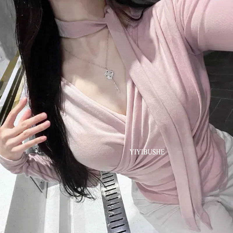 韩国代购正品ZH012精致韩式美感~女人味褶皱显胸大尖摆+飘带套装