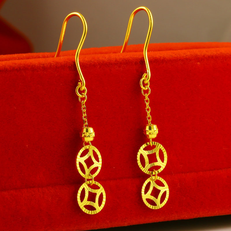 正品黄金耳环女款9999足金耳钩长耳坠招财进宝结婚纯黄金真金首饰