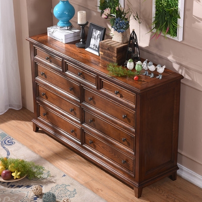 美式复古实木客厅白蜡木九斗柜胡桃色简约玄关柜卧室收纳储物柜