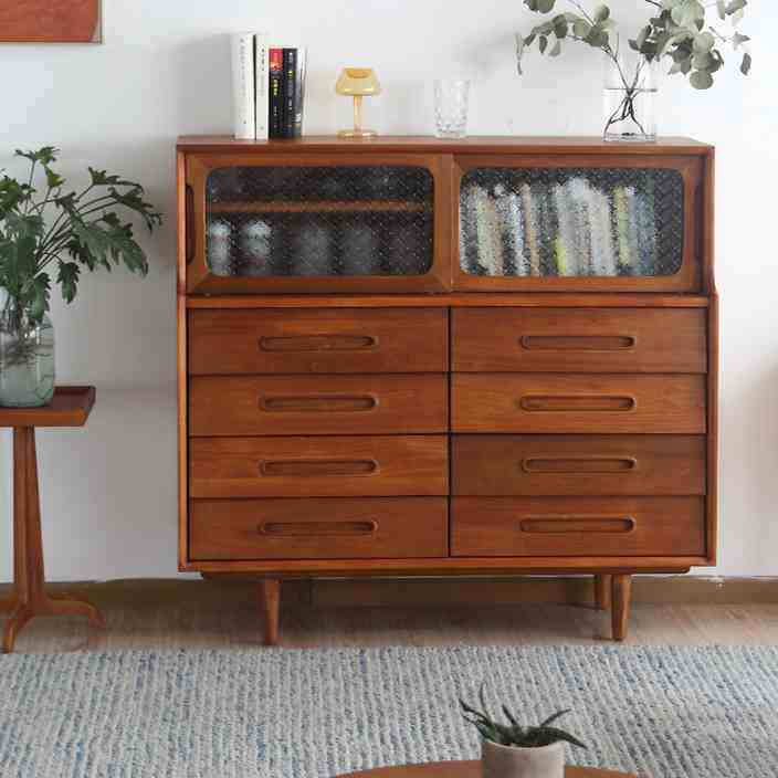 忆朴复古8斗柜储物柜玻璃门书柜实木客厅装饰北欧黄杨木中古家具