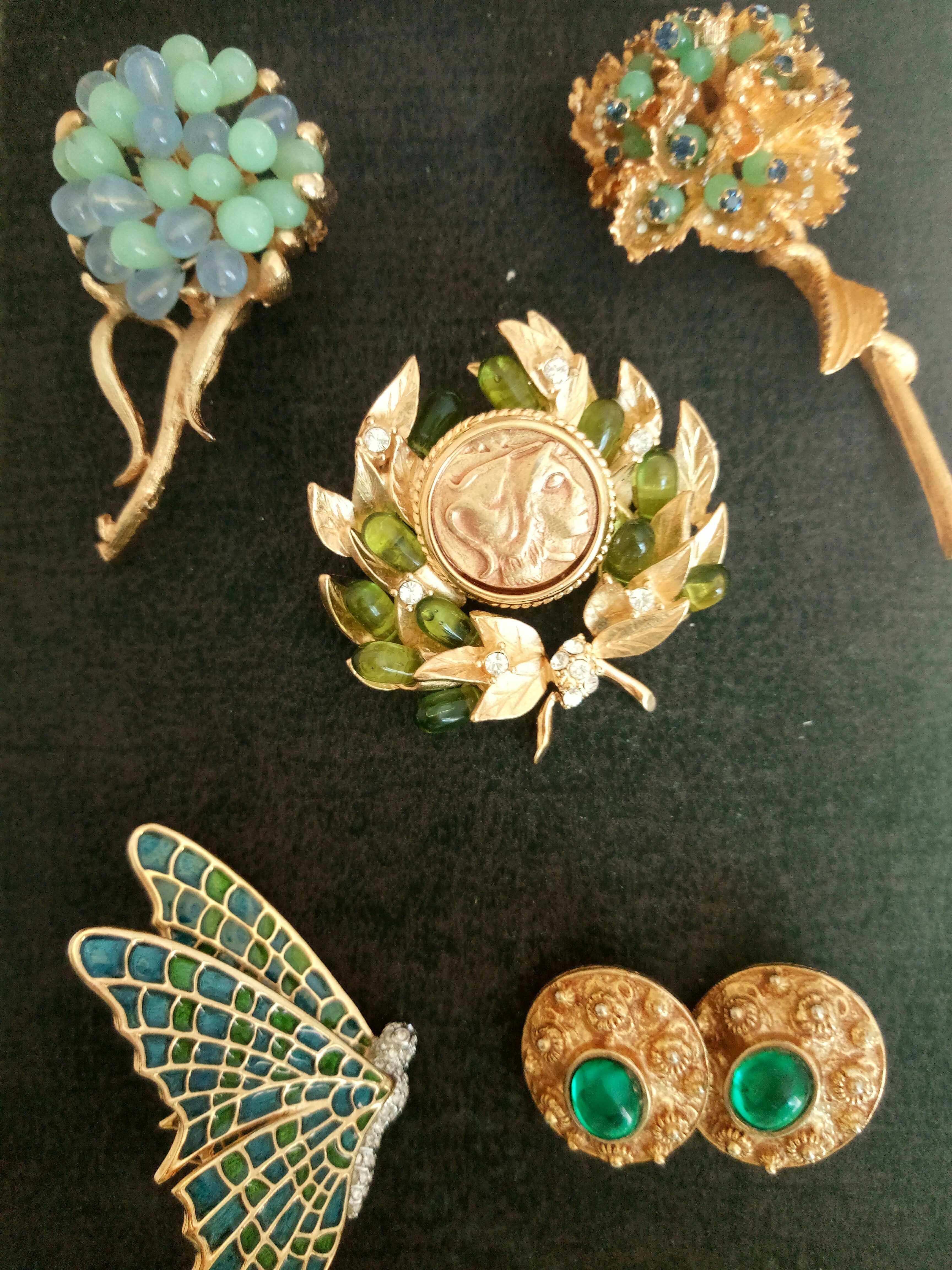 kjl蝴蝶jbk人像corocraft琉璃祖母绿彩宝胸针耳夹vintage古董首饰