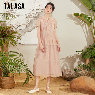 TALASA商场同款丝棉连衣裙2024年夏新款花边拼接设计复古文艺气质