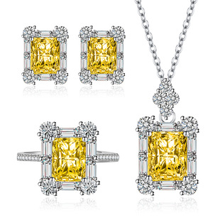 2023新款奢华长方形黄色彩宝套装仿真钻石项链吊坠耳钉戒指三件套