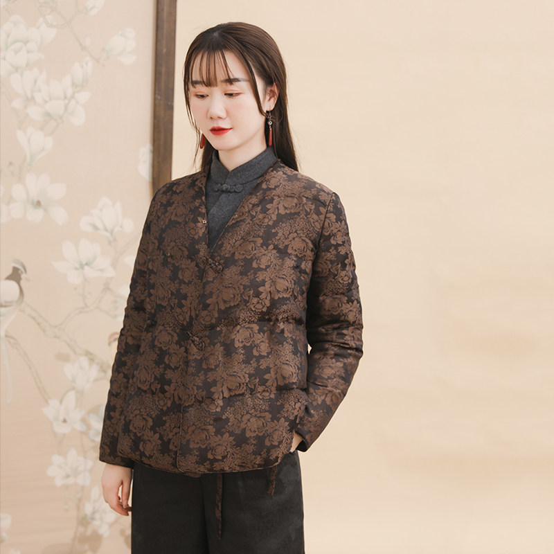 云里真丝香云纱短羽绒服95白鹅绒加厚中式复古短外套秋冬新款