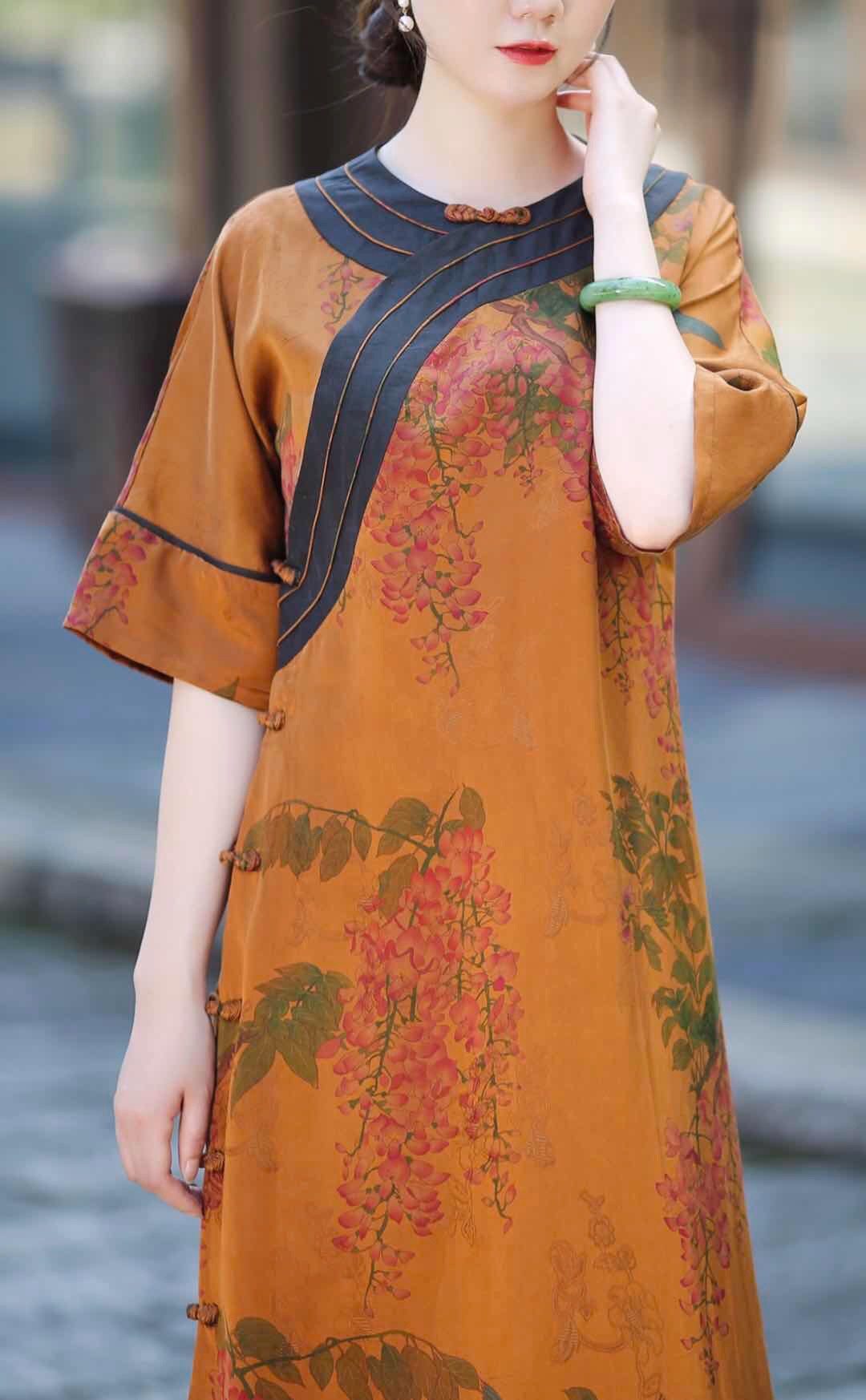 执光 透孔花罗真丝香云纱中式连衣裙复古圆领改良旗袍气质宽松袍