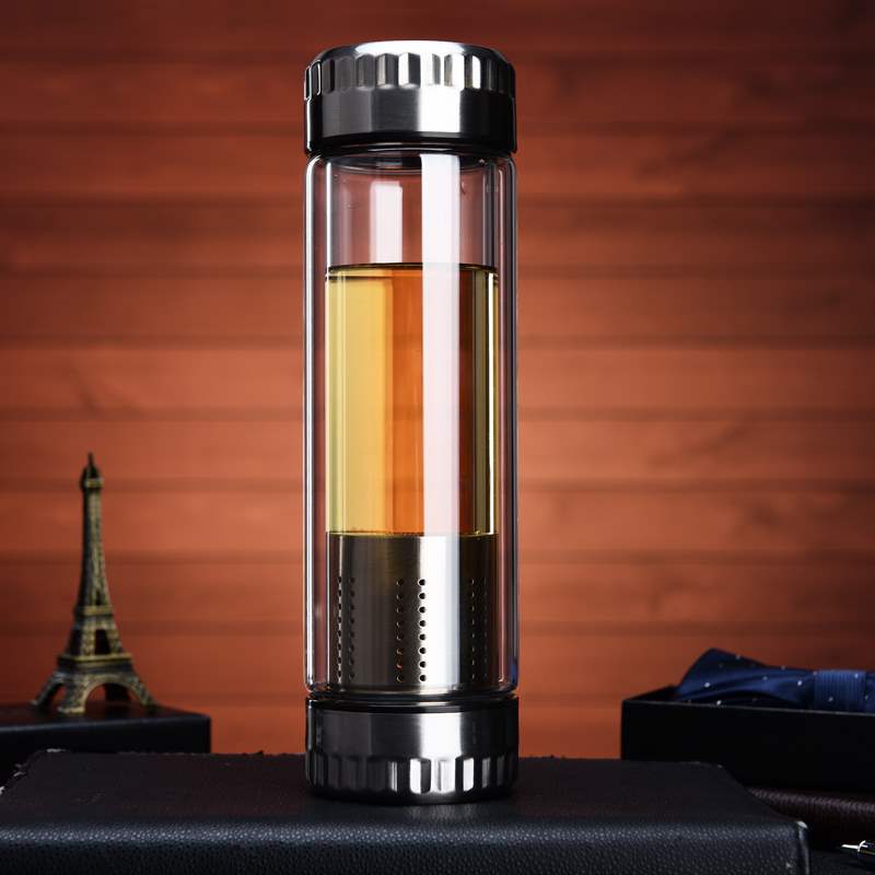 高档双层玻璃杯双头带盖底部长网随手水杯耐热加厚便携过滤泡茶杯