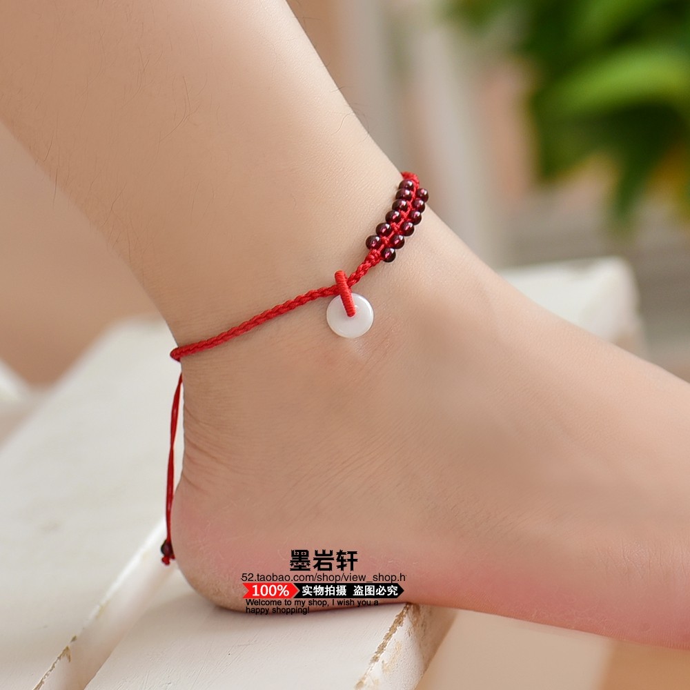 天然6a级酒红石榴石红绳脚链手链翡翠玉平安扣红脚绳手绳本命年女