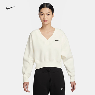 耐克/NIKE女子运动休闲短款加绒保暖V领套头衫卫衣FN3652-104-208