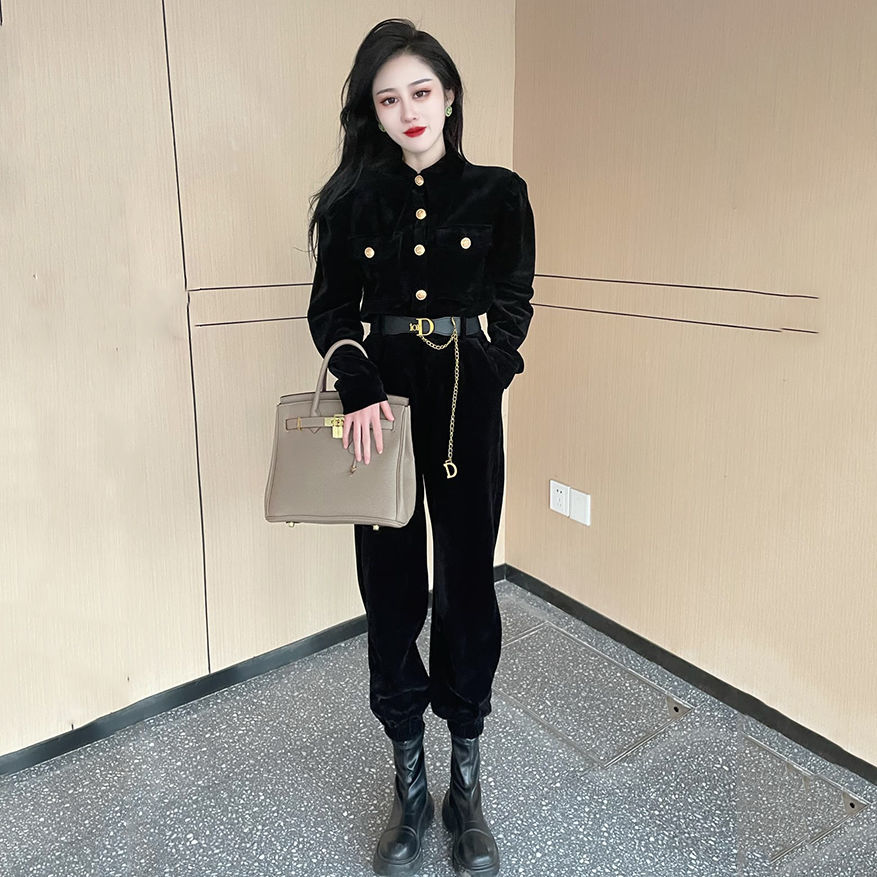 社会女衣服套装快手网红同款气质显瘦工装灯芯绒外套 高腰收脚裤