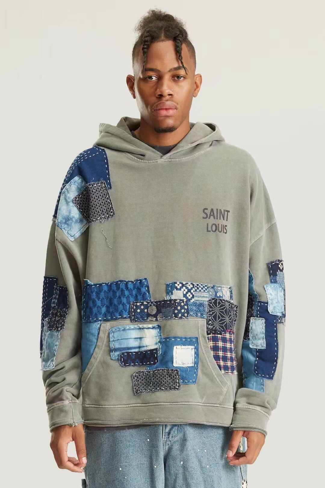 一折鹿晗同款卫衣_正品saintlouis 鹿晗同款水洗灰做旧复古拼接古布