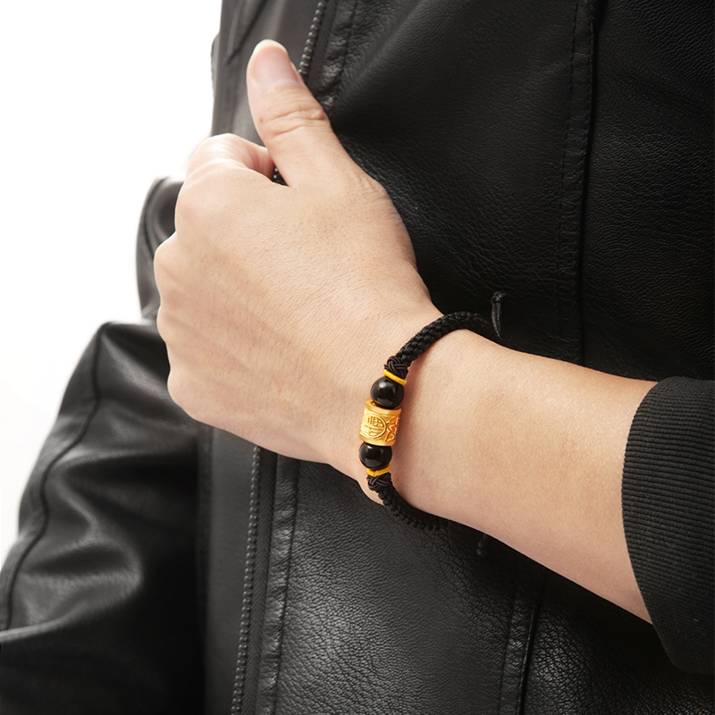 999足金黄金转运珠手链男款小众设计手工编织3d硬金路路通手绳女